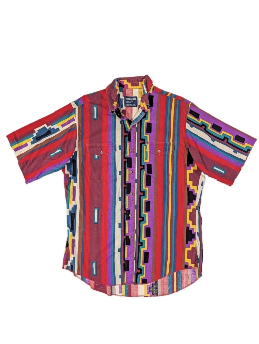 Vintage Wrangler Cowboy Cut Short Sleeve Shirt Mens 16.5 L Aztec Southwest USA